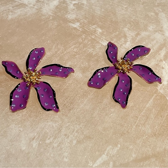 New Flower Power Polka Dot Purple Large Enamel Statement Earrings - Picture 6 of 16